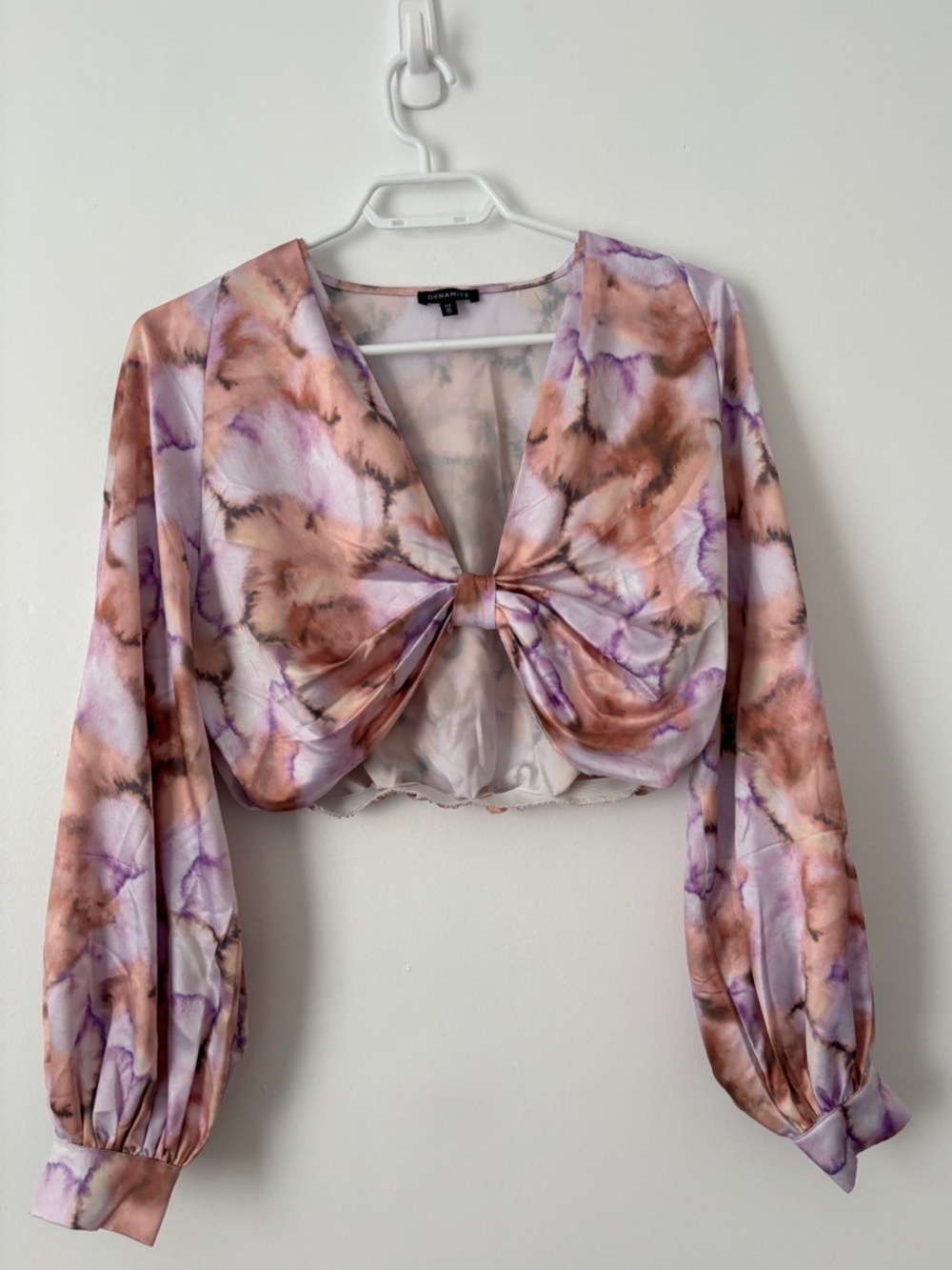 Dynamite Watercolor Satin Knot Front Crop Top Balloon Sleeve Boho tie dye - S